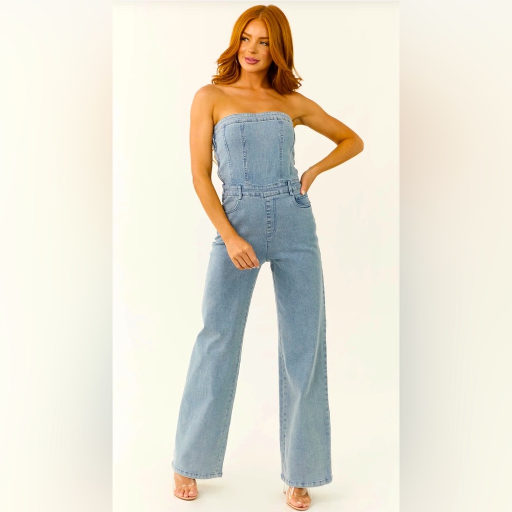 strapless denim jumpsuit